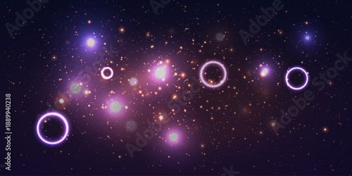 Cosmic energy field with luminous particles and light rings.