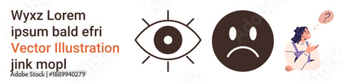 Emotion, visual interpretation, decision-making, mental health, perception, communication. Eye icon, sad face symbol woman with question mark. Emotion and visual interpretation concepts