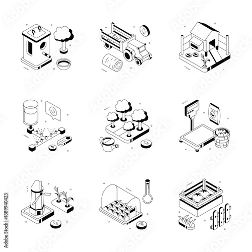 Collection of isometric farm illustrations featuring a tractor, greenhouse, silo, weighing scale, and barn, ideal for agriculture concepts.