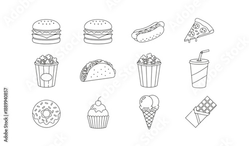 Fast Food Outline Icons Vector Collection with Burgers Pizza Desserts and Snacks