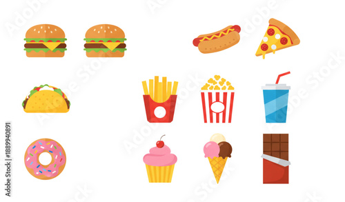 flat fast food icons vector set with burgers pizza snacks and dessert menu symbols