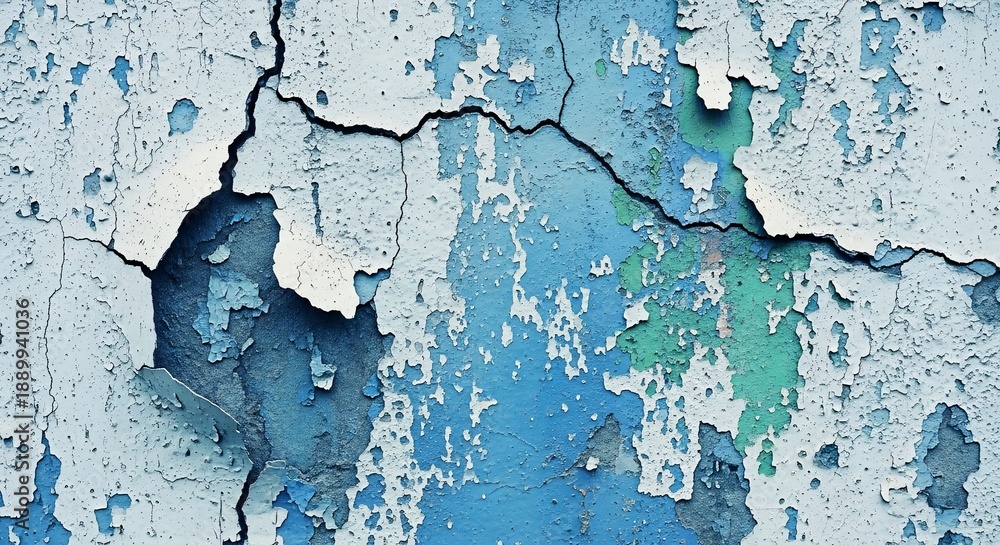 Obraz premium Weathered wall with peeling blue paint and cracked surface.