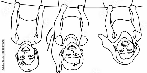 Three stylized faces hang upside down from a single line