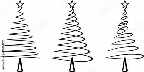 Three stylized christmas trees drawn with swirling lines and simple bases