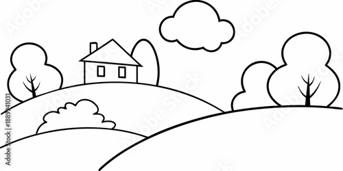 Simple line drawing of a house nestled among hills trees and clouds