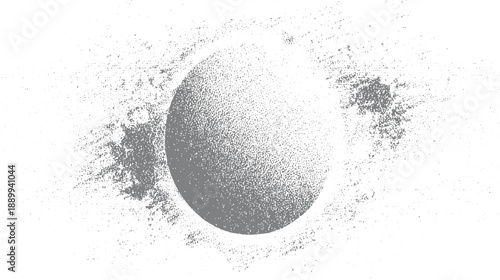 Textured gray circle against a white background with scattered dark gray dots and speckles creating a distressed effect