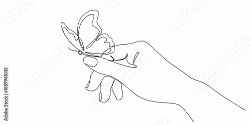 A delicate butterfly gently lands on a human finger in a line art style