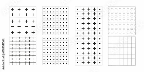 Arrangement of black and white geometric patterns in a grid layout