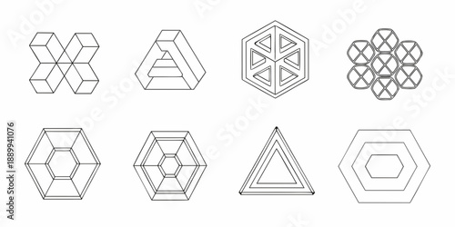 Optical illusions featuring ambiguous geometric shapes and line drawings