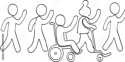Line drawing depicts people including a person in a wheelchair moving forward