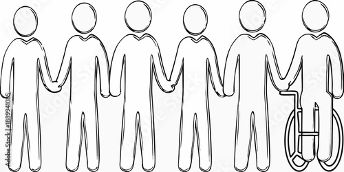 A line of simple figures including one person in a wheelchair