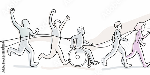 Diverse group of people crossing a finish line including a wheelchair user
