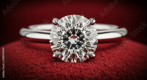 Luxury diamond engagement ring on red velvet background.