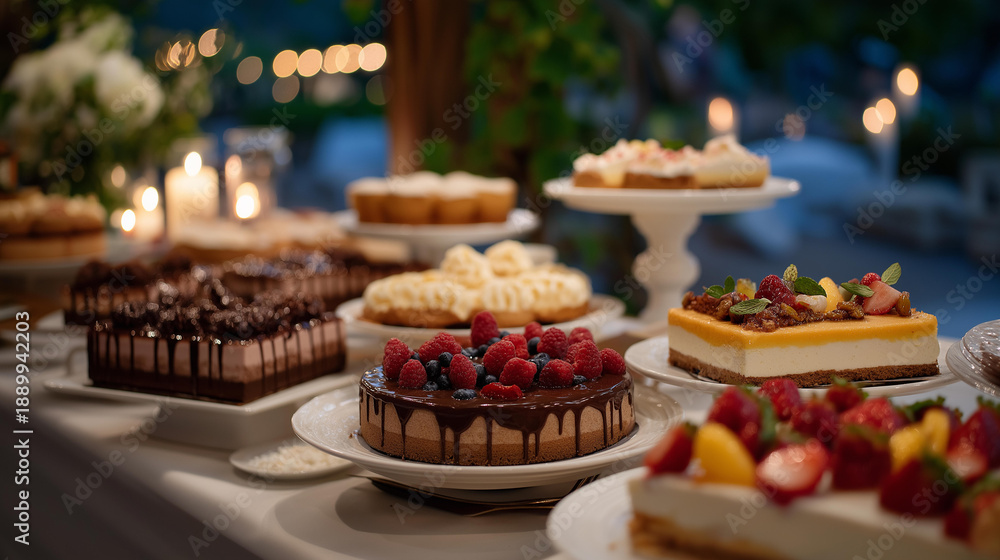 Fototapeta premium The dessert table at the wedding party flourishes with an assortment of inventive desserts, from rich chocolate creations to vibrant fruit tarts, aimed at pleasing every guest attending the