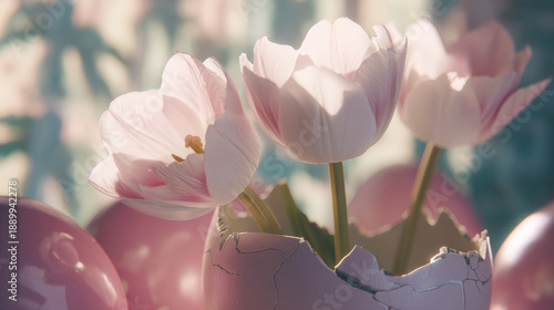 Delicate pink and white tulips blooming in soft spring sunlight with dreamy bokeh background, pastel flowers in gentle natural light creating romantic peaceful atmosphere for Easter greeting cards
