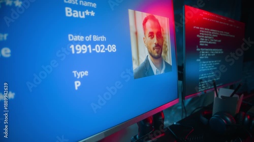 Handheld shot of cyberpunk male hacker in holographic visor holding passport in hands while falsifying data of users and programming on computers in dark workspace