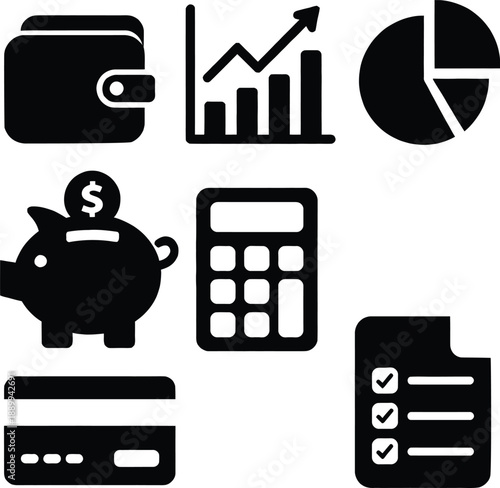 Business finance vector icons including calculator credit cards wallet and financial report checklist.