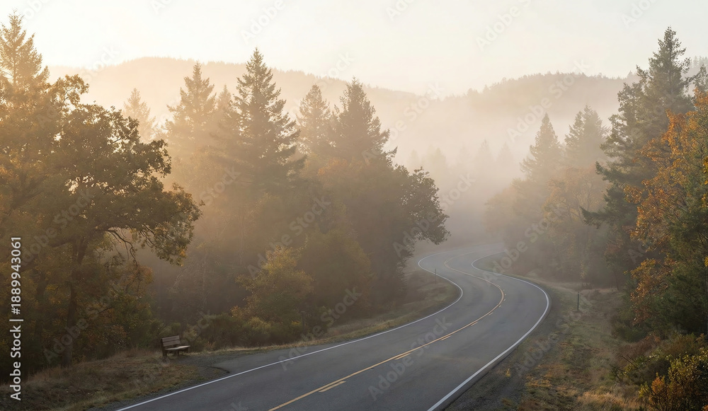 Fototapeta premium Mountain road in foggy landscape at sunset