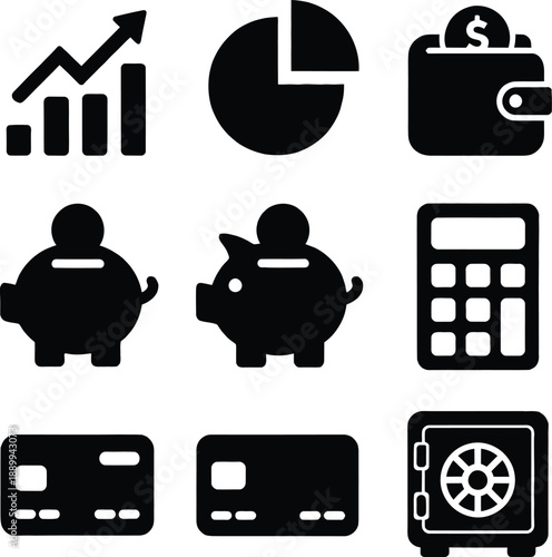 Solid finance and banking vector icons set featuring calculator piggy bank and security safe.