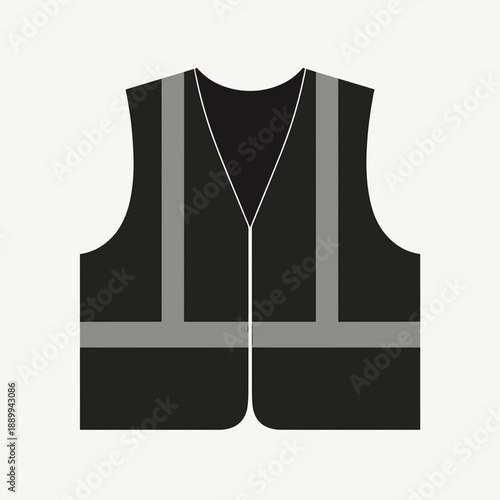 Black safety vest with reflective stripes, essential garment for construction or outdoor work environments. Useful for occupational safety and modern industrial design applications.