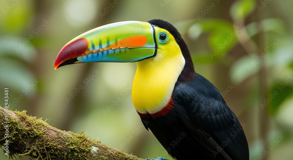 Fototapeta premium Vibrant Toucan perched on a mossy branch in the rainforest.