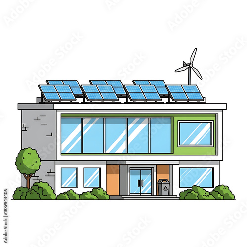 Eco house with solar panels and wind turbine.