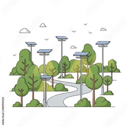 Green city park with trees and walking paths.