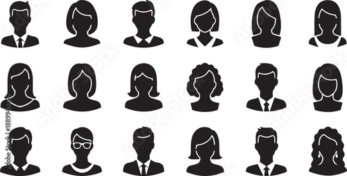 A collection of diverse black silhouette user profile icons representing various people