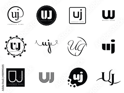 UJ logo company template. Letter u and j logotype. Set different classic serif lettering and modern bold text with design elements. Initial font typography.