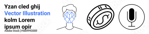 Face recognition, digital transactions, communication, audio recording, biometrics, artificial intelligence. A geometric face, coin with dollar sign and microphone. Face recognition and digital
