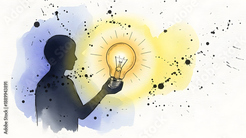 Creative person holding glowing light bulb with splattered paint