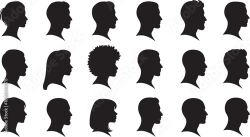 Diverse collection of human head silhouettes showcasing a variety of male and female profiles