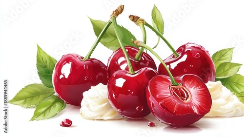 Juicy cherries with stems and lush green leaves nestled alongside fluffy whipped cream, forming a dessert delightful presentation