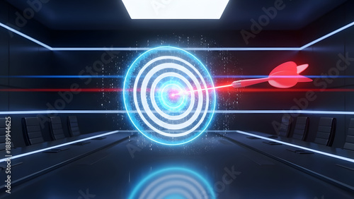 Futuristic conference room with glowing blue target and red dart