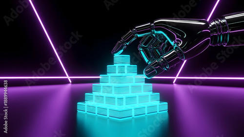 Robotic hand stacking glowing blue blocks in futuristic neon room
