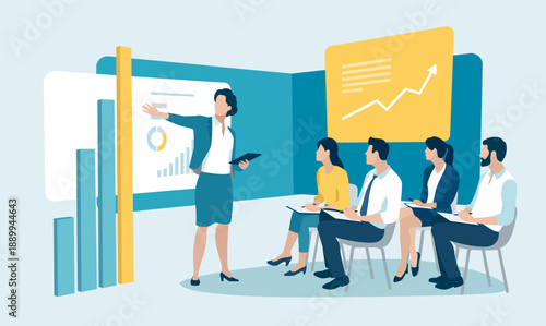 Businesswoman presenting growth strategy to team in modern office with chart.  Business vector illustration