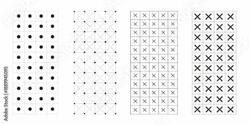 Four abstract patterns of dots and lines arranged in vertical columns