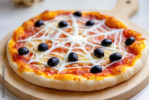 Halloween themed pizza with spiderweb cheese and black olives decor on wooden table