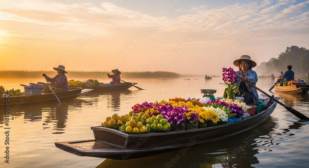 Obraz premium Vendors selling flowers from boats on a serene river at sunrise.