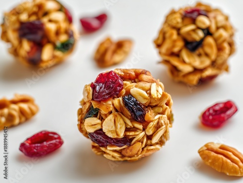 energy balls of oatmeal, nuts and dried fruits on a light gray background. close up