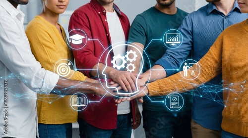 Online education and professional development course with diverse team training. E-learning platform concept for business skills, knowledge, strategy, and corporate growth in digital world.