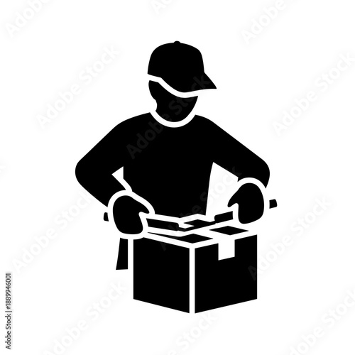 A silhouette of a person wearing a cap and gloves, carefully opening a cardboard box with a utility knife, symbolizing delivery or unpacking.