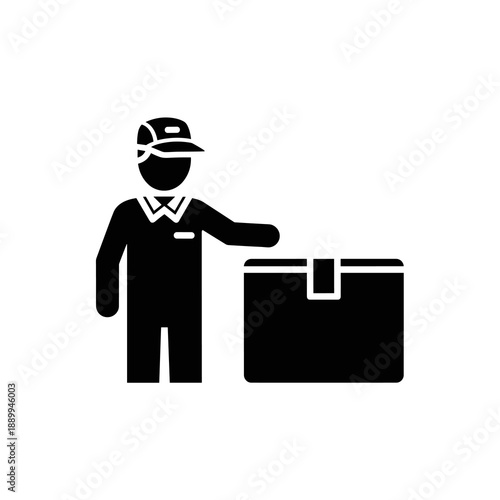 A black silhouette icon of a delivery person in a cap and uniform, standing next to a package, symbolizing shipping and logistics.