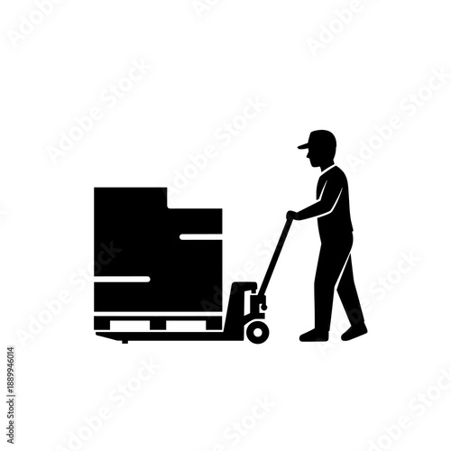 A silhouette of a worker diligently operating a pallet jack, moving stacked boxes in a warehouse or industrial setting, representing efficient logistics and manual labor.