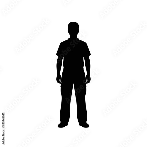 A stark, full-body silhouette of a standing man, depicted in dark black against a clean white background, conveying anonymity and presence.