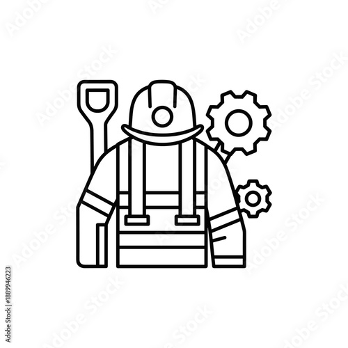 Outline illustration of a firefighter's protective gear, including a helmet and uniform, with tools and gears symbolizing their vital work.
