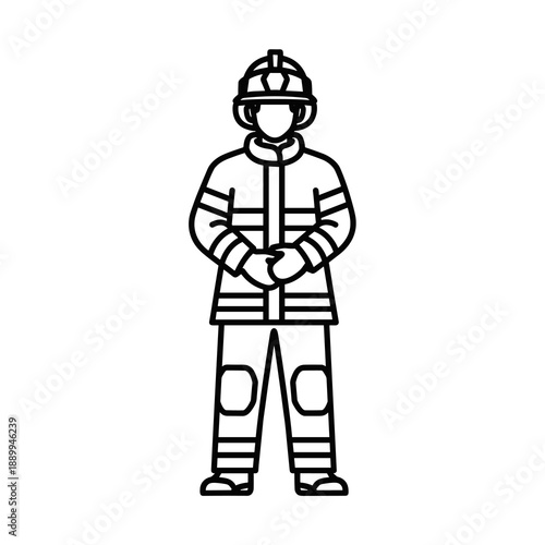 A minimalist black and white line art illustration depicts a standing firefighter in full protective gear, ready for duty.