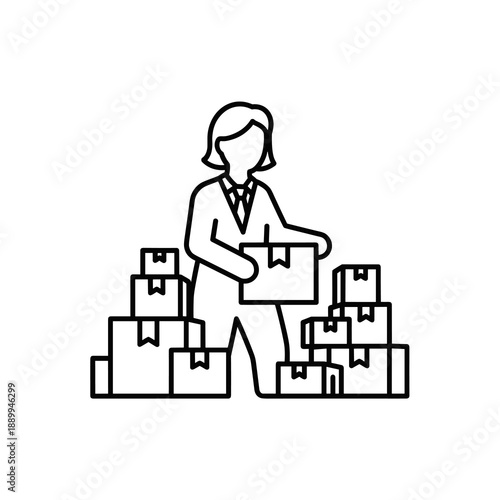 A dedicated female worker meticulously organizes and stacks numerous cardboard boxes, symbolizing efficient logistics and inventory management.