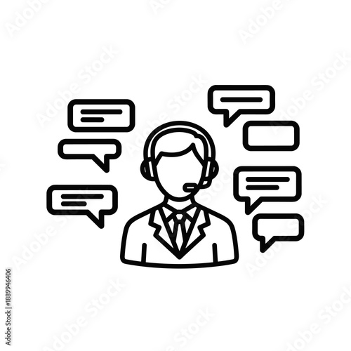 A professional customer service representative wearing a headset is depicted in this clean line art illustration, surrounded by chat bubbles, symbolizing efficient communication and support.