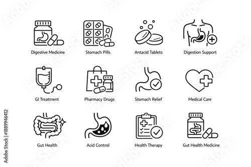 Digestive health icons: medicine, support, treatment, relief, and care